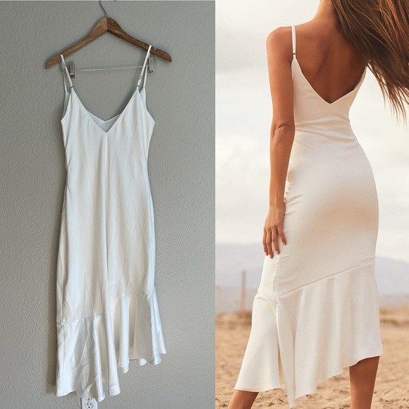 LStrictly Romance White Satin Asymmetrical Tiered Midi Dress - Picture 3 of 8